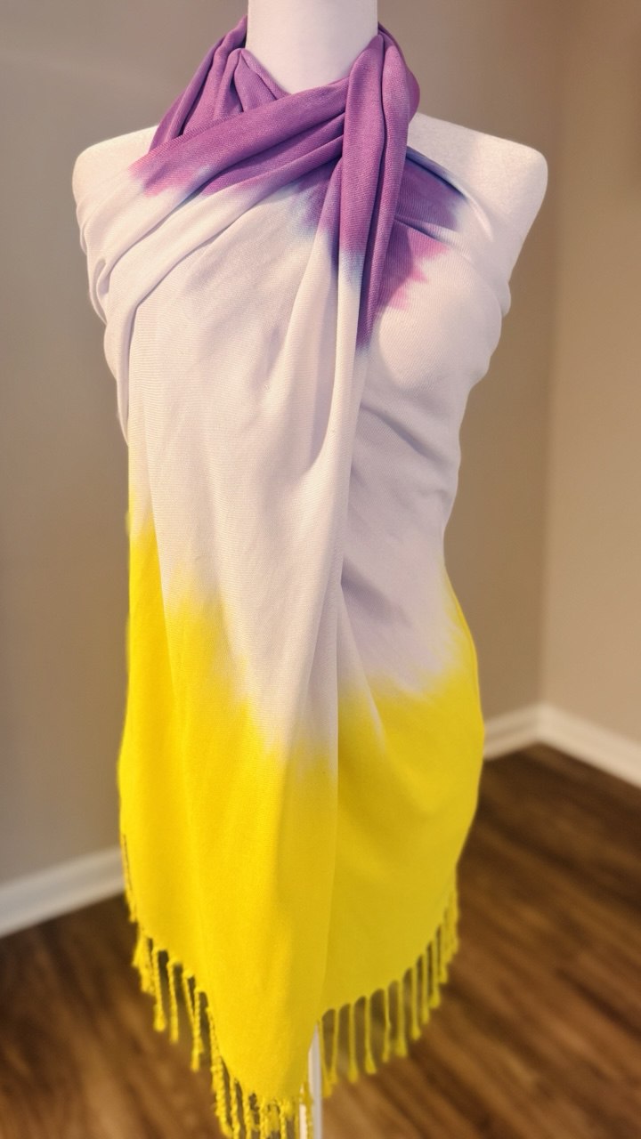 Yellow, White & Purple Ombre Hand-Dyed Shawl Scarf Hijab — 72" x 28" with Fringe
