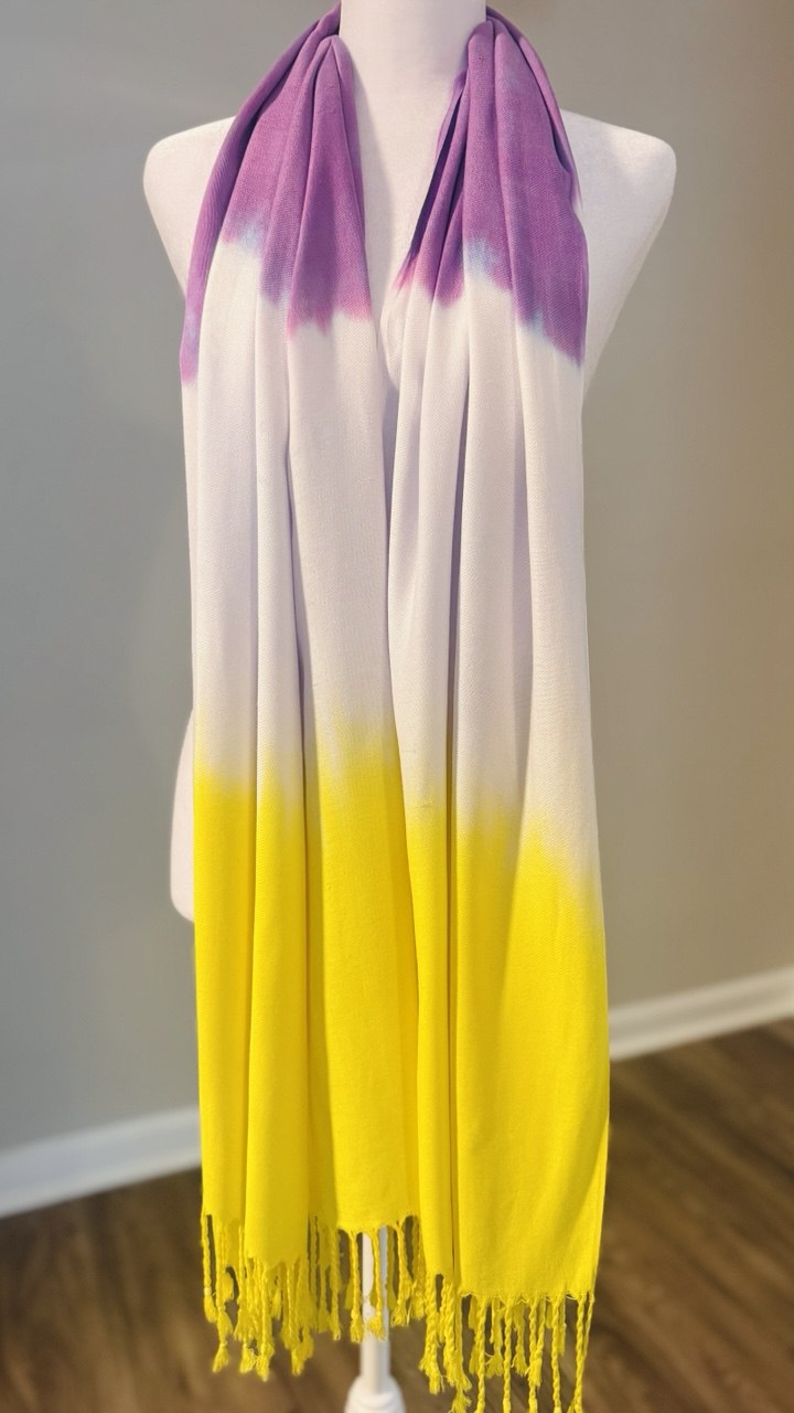 Yellow, White & Purple Ombre Hand-Dyed Shawl Scarf Hijab — 72" x 28" with Fringe