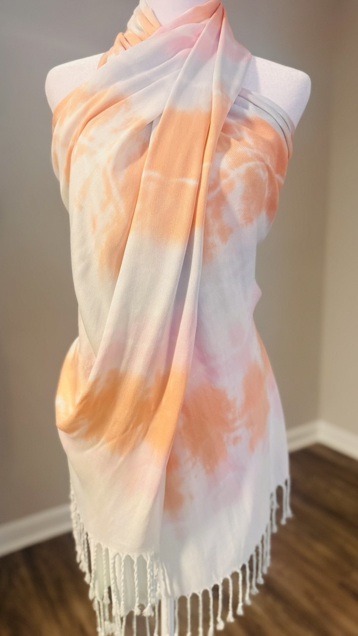Light Peach, Mint Green, Light Pink & White Ombre Hand-Dyed Shawl Scarf Hijab — 72" x 28" with Fringe