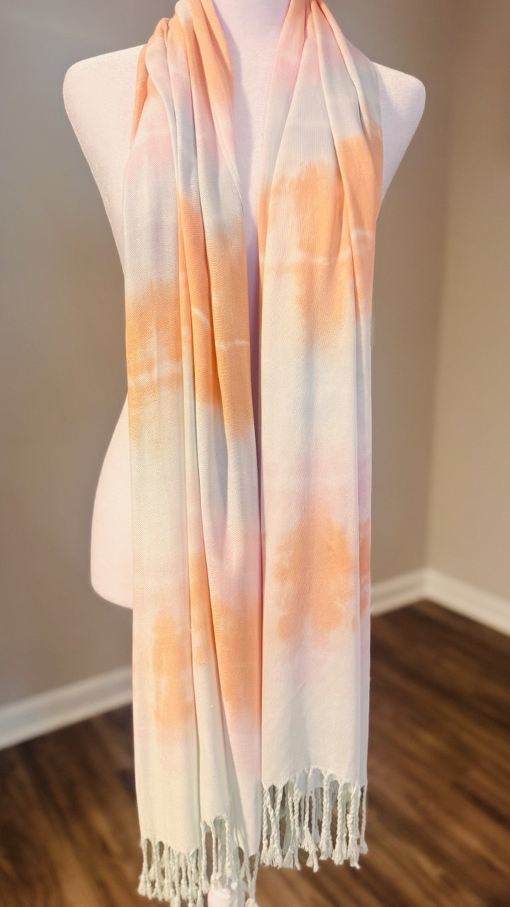 Light Peach, Mint Green, Light Pink & White Ombre Hand-Dyed Shawl Scarf Hijab — 72" x 28" with Fringe