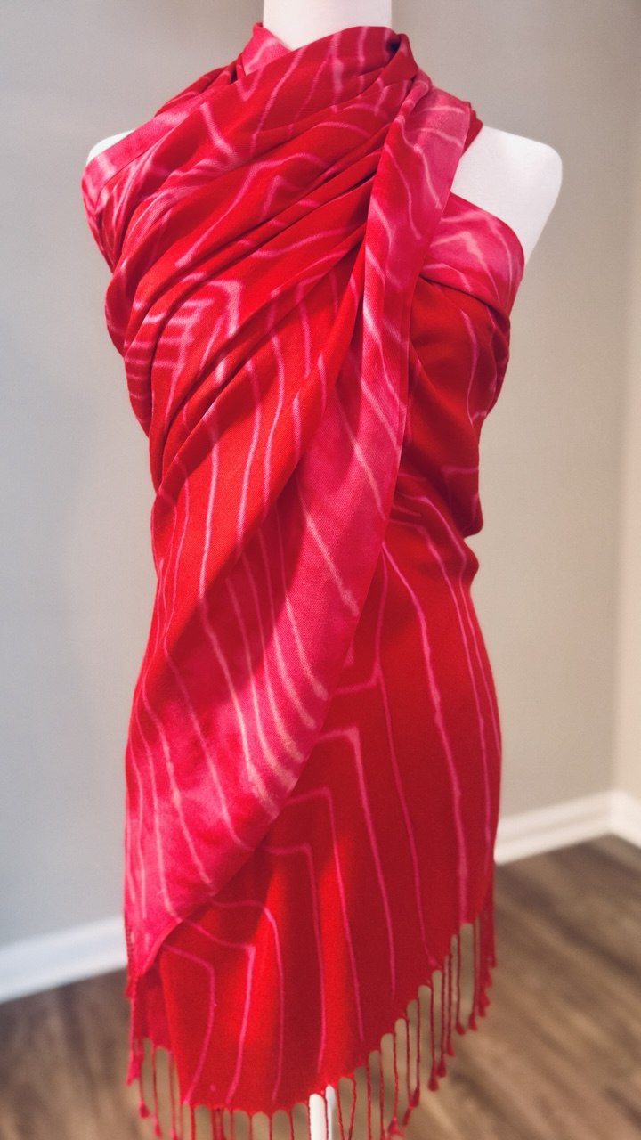 Red & Light Pink Hand-Dyed Shawl Scarf Hijab— 72" x 28" with Fringe