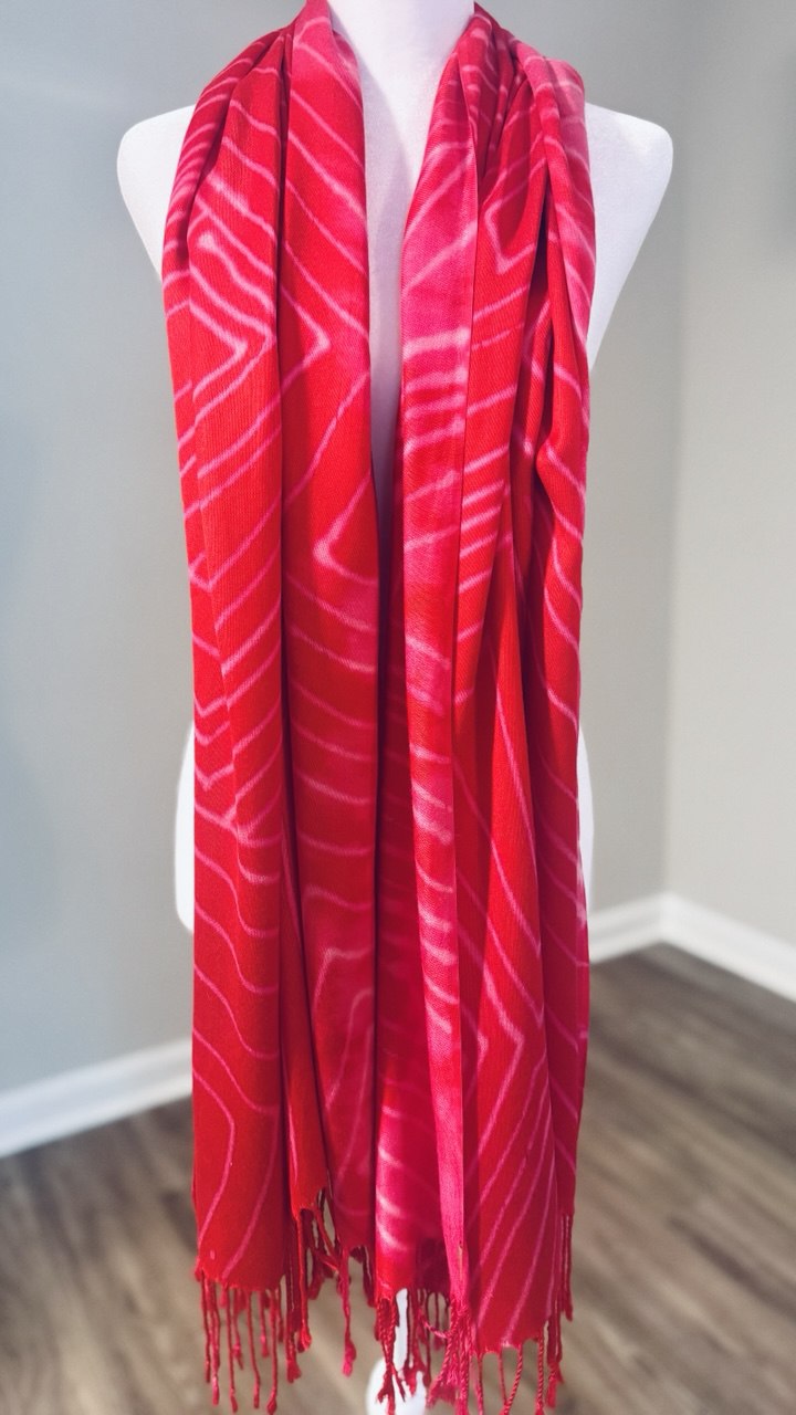 Red & Light Pink Hand-Dyed Shawl Scarf Hijab— 72" x 28" with Fringe