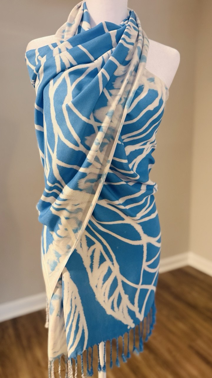 Sky Blue, Off White & Cream Hand-Dyed Shawl Scarf Hijab — 72" x 28" with Fringe