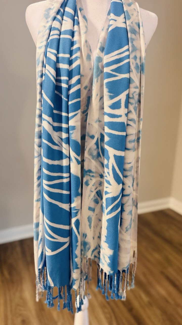Sky Blue, Off White & Cream Hand-Dyed Shawl Scarf Hijab — 72" x 28" with Fringe