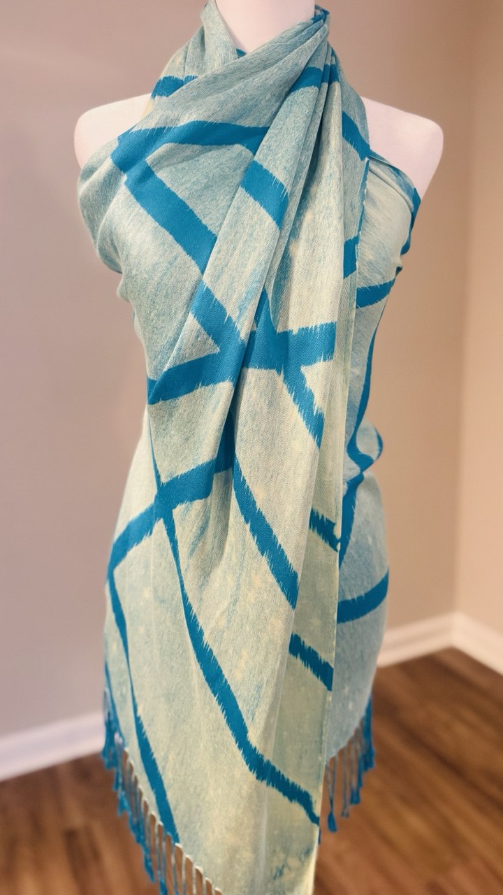 Turquoise, Off White & Light Turquoise Hand-Dyed Shawl Scarf Hijab — 72" x 28" with Fringe