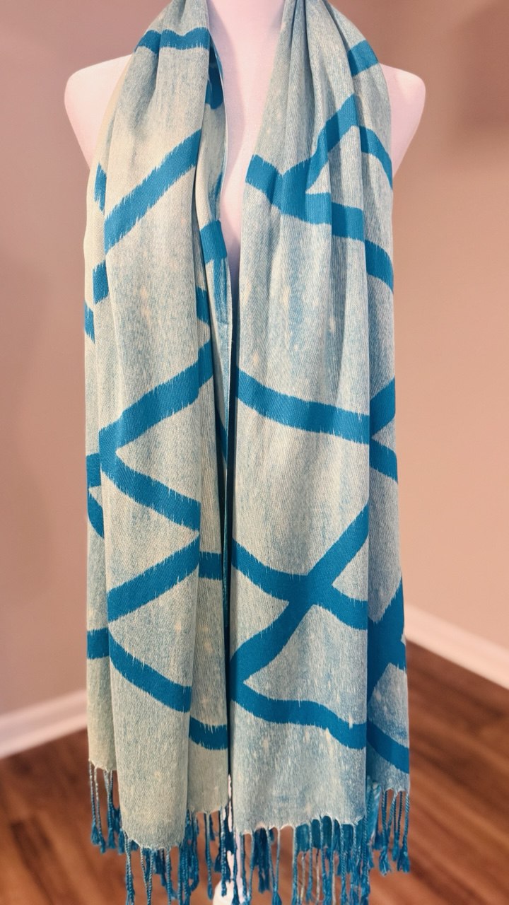 Turquoise, Off White & Light Turquoise Hand-Dyed Shawl Scarf Hijab — 72" x 28" with Fringe