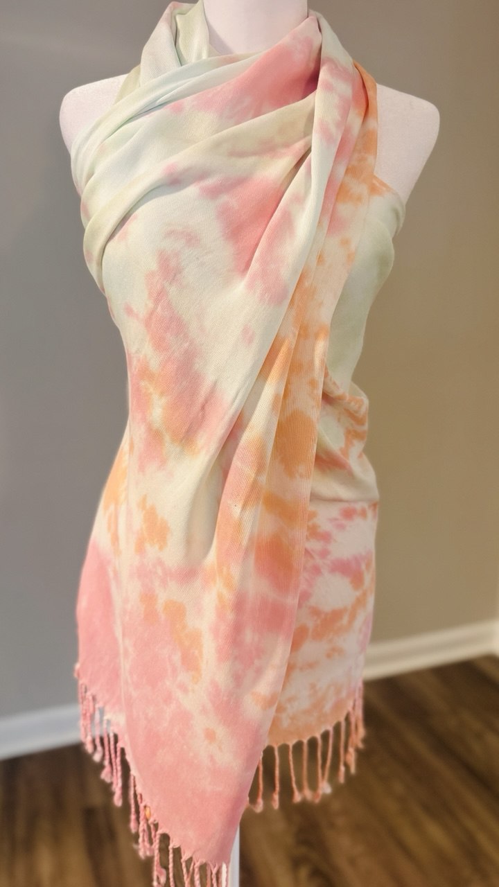 Light Orange, Light Pink & Mint Green Hand-Dyed Shawl Scarf Hijab — 72" x 28" with Fringe