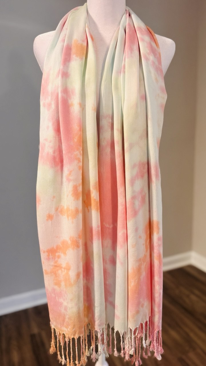 Light Orange, Light Pink & Mint Green Hand-Dyed Shawl Scarf Hijab — 72" x 28" with Fringe