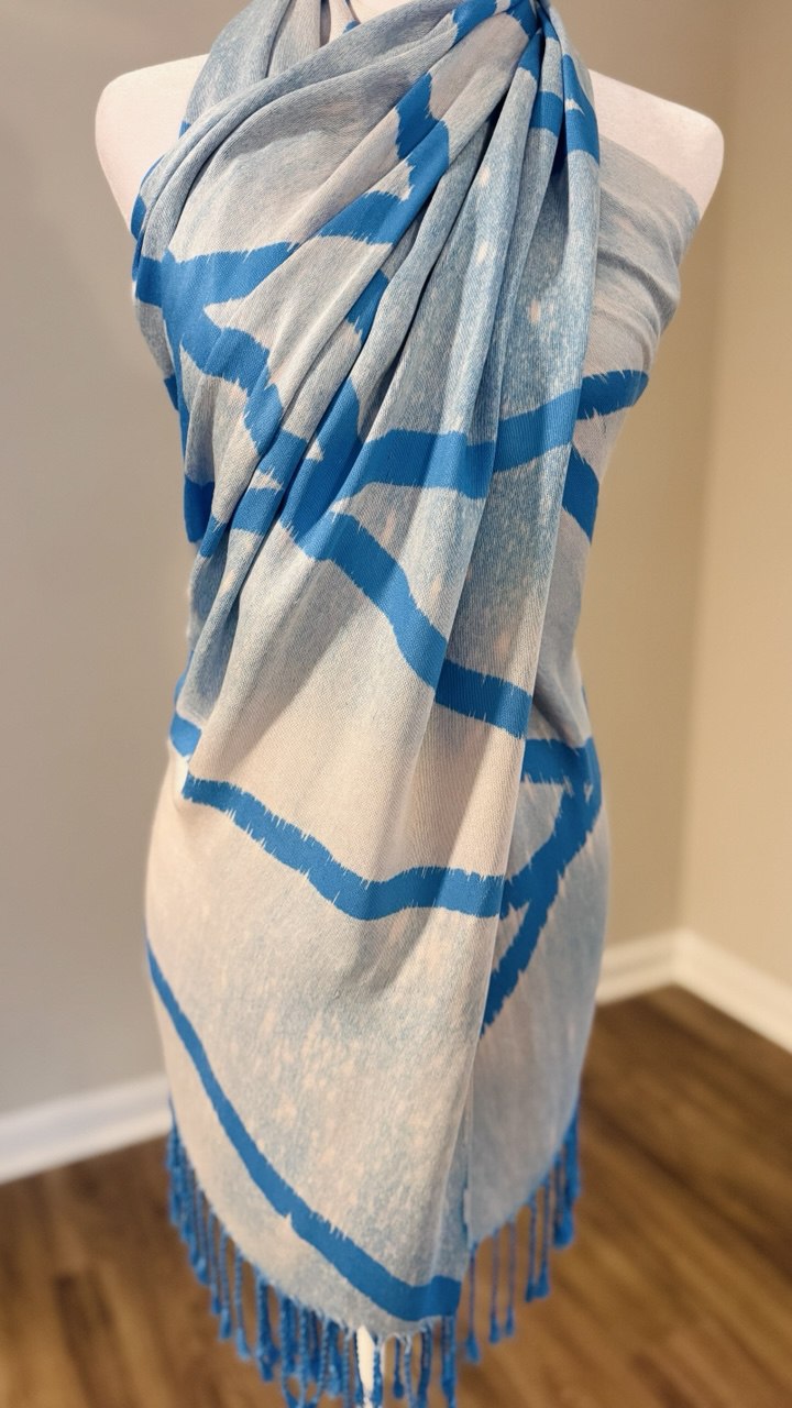 Sky Blue, Baby Blue & Off White Hand-Dyed Shawl Scarf Hijab — 72" x 28" with Fringe