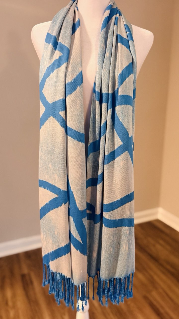 Sky Blue, Baby Blue & Off White Hand-Dyed Shawl Scarf Hijab — 72" x 28" with Fringe
