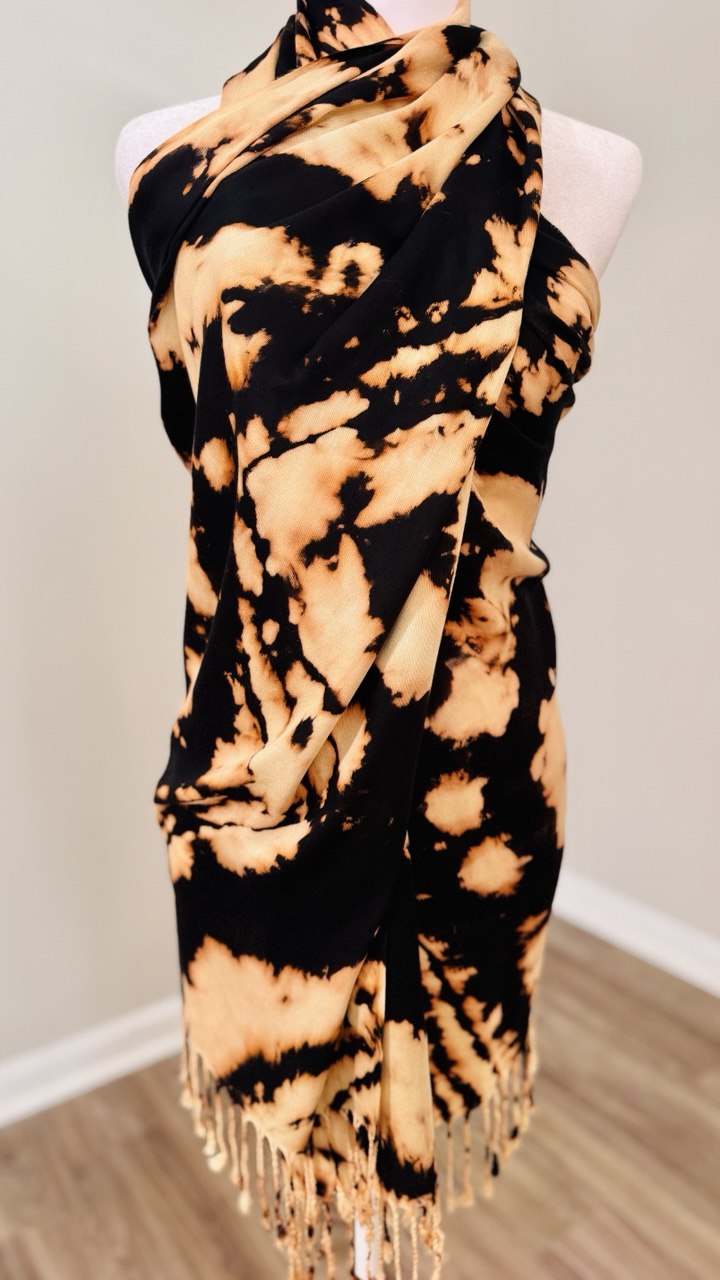 Black & Golden Cream Hand-Dyed Shawl Scarf Hijab — 72" x 28" with Fringe
