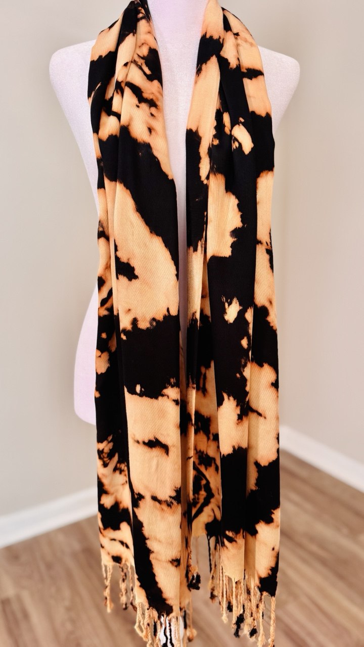 Black & Golden Cream Hand-Dyed Shawl Scarf Hijab — 72" x 28" with Fringe