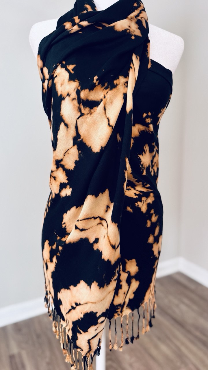 Black & Butter Cream Hand-Dyed Shawl Scarf Hijab — 72" x 28" with Fringe