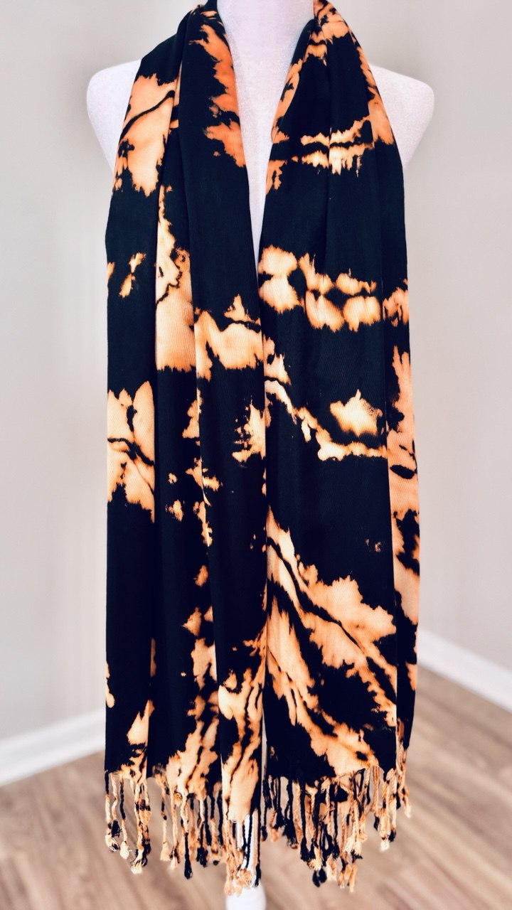 Black & Butter Cream Hand-Dyed Shawl Scarf Hijab — 72" x 28" with Fringe