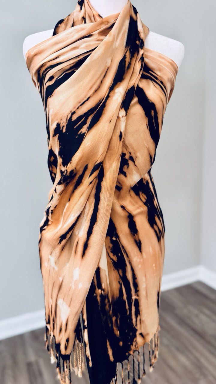 Black, Cream, Gold & Light Brown Hand-Dyed Shawl Scarf Hijab — 72" x 28" with Fringe
