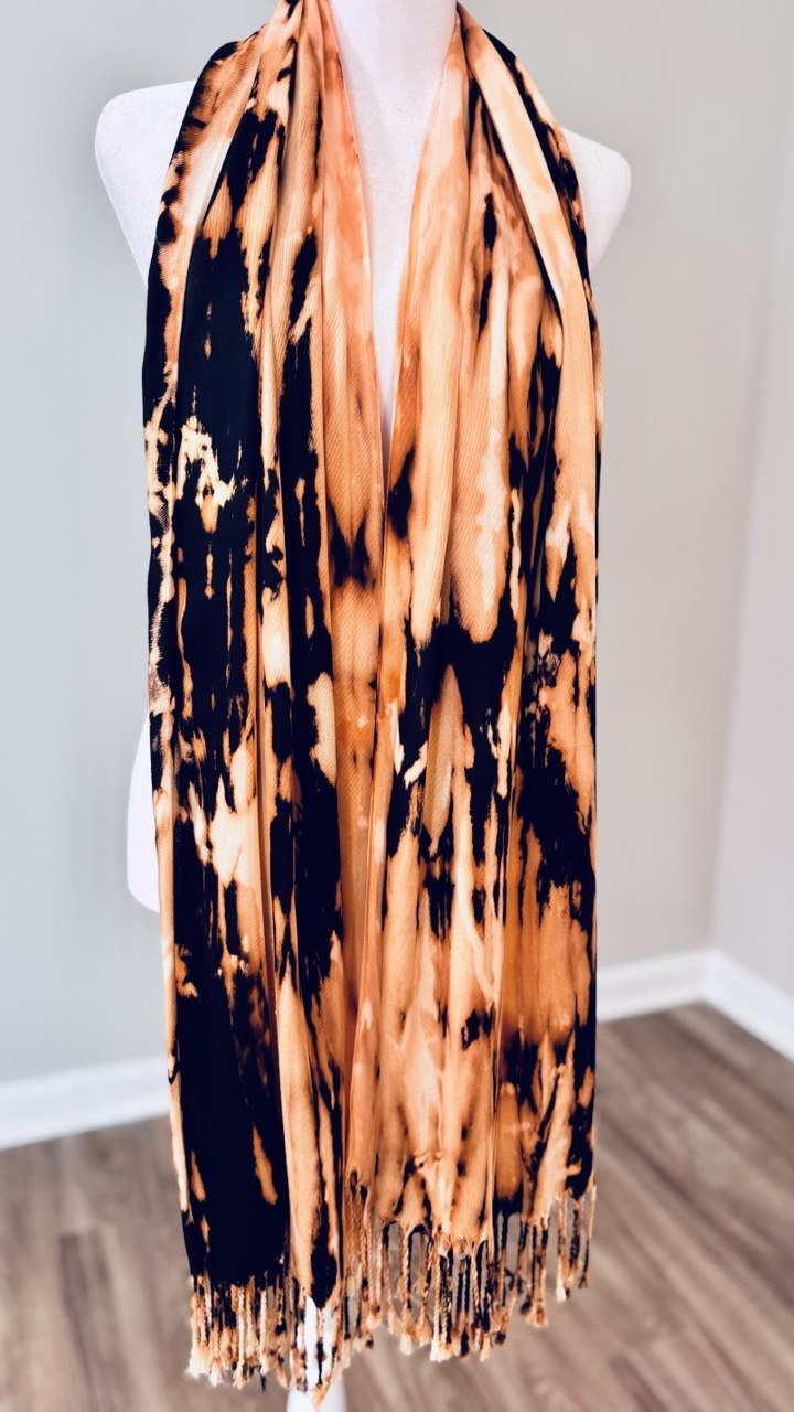 Black, Cream, Gold & Light Brown Hand-Dyed Shawl Scarf Hijab — 72" x 28" with Fringe