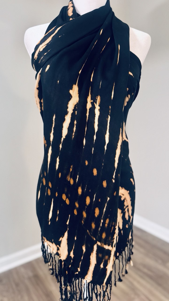 Black, Butter Cream & Rust Hand-Dyed Shawl Scarf Hijab — 72" x 28" with Fringe