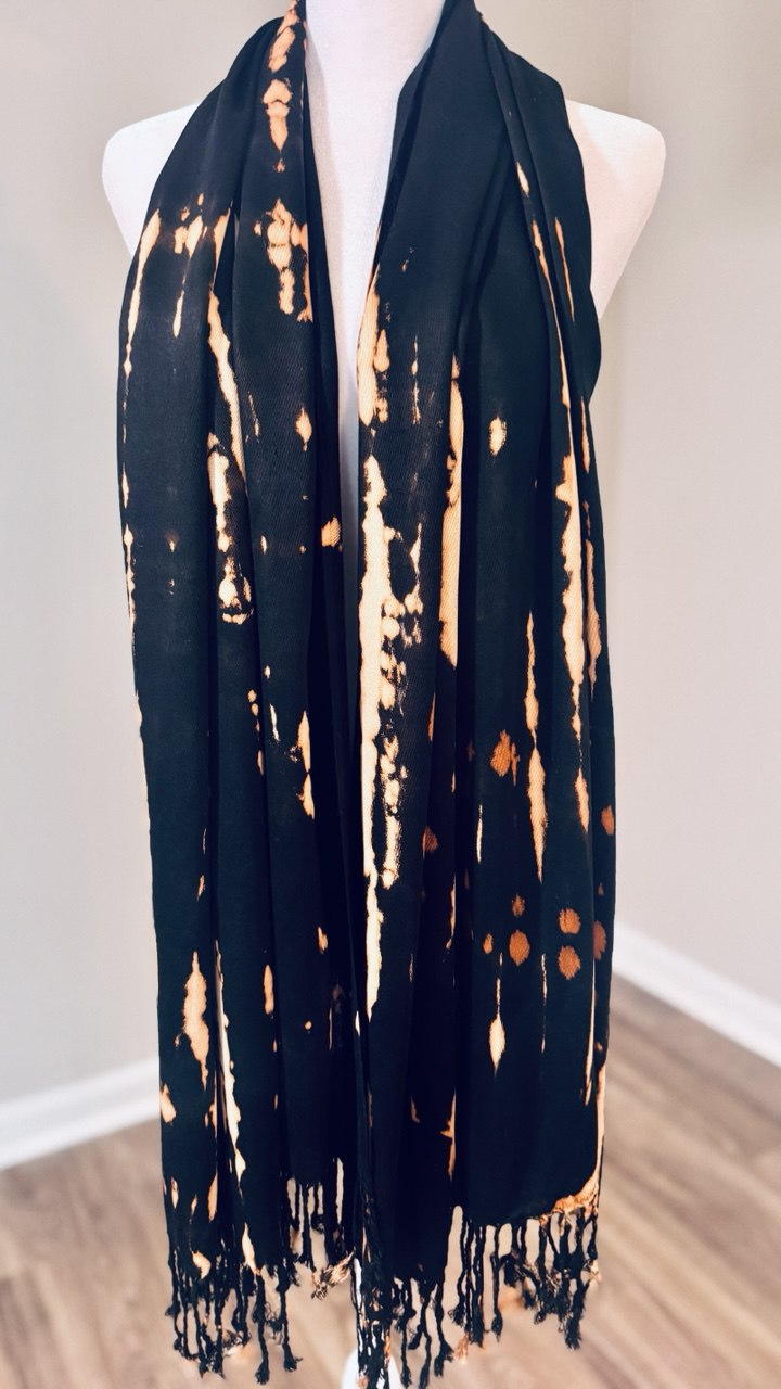 Black, Butter Cream & Rust Hand-Dyed Shawl Scarf Hijab — 72" x 28" with Fringe