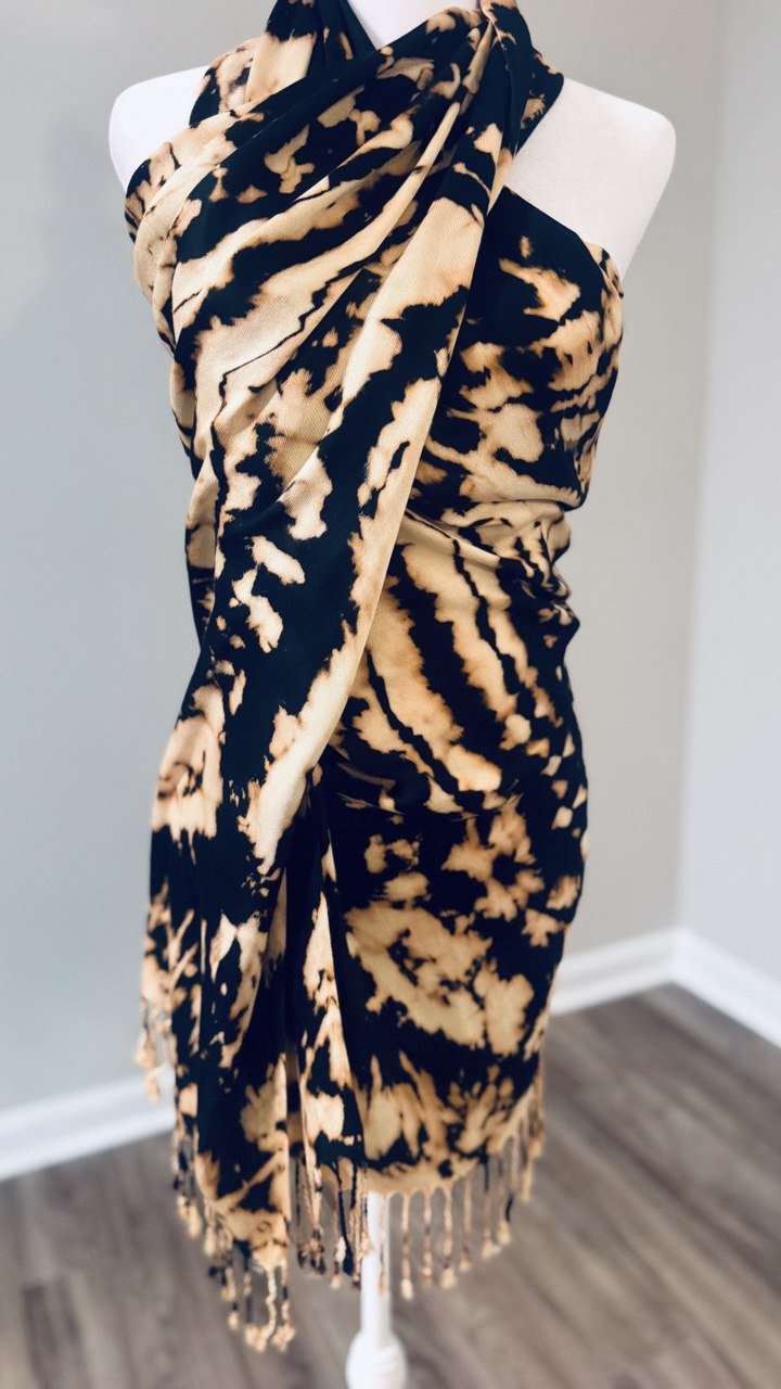 Black & Cream Hand-Dyed Shawl Scarf Hijab — 72" x 28" with Fringe