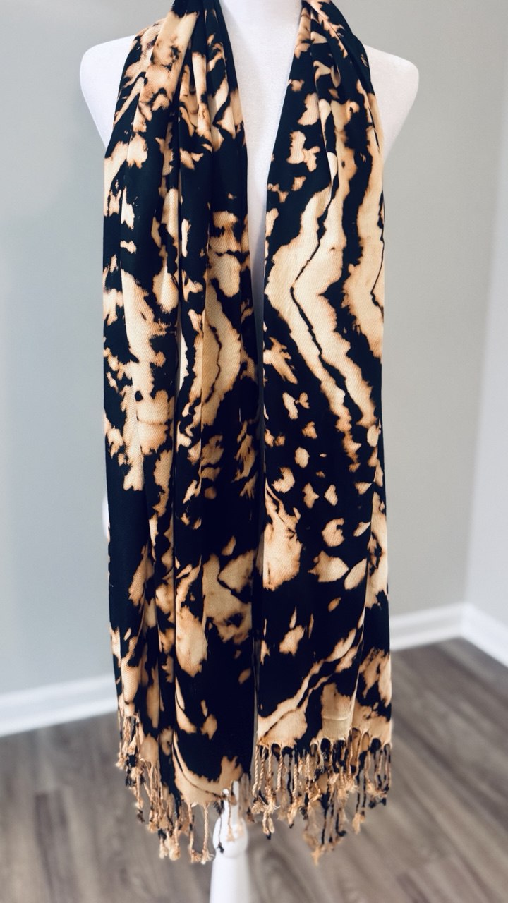 Black & Cream Hand-Dyed Shawl Scarf Hijab — 72" x 28" with Fringe