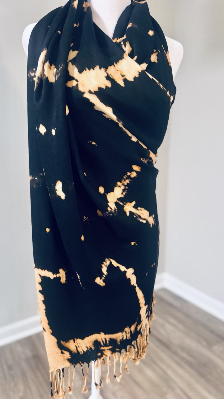 Black & Cream Hand-Dyed Shawl Scarf Hijab — 72" x 28" with Fringe