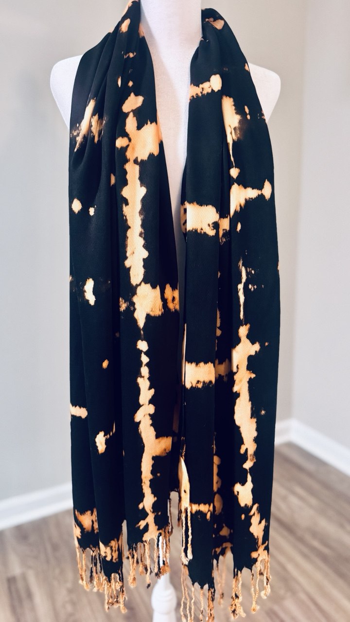 Black & Cream Hand-Dyed Shawl Scarf Hijab — 72" x 28" with Fringe