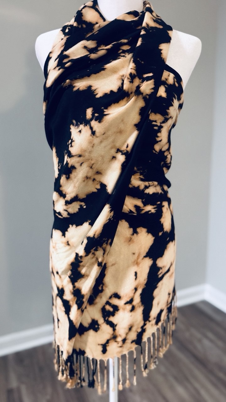 Black & Butter Cream Hand-Dyed Shawl Scarf — 72" x 28" with Fringe