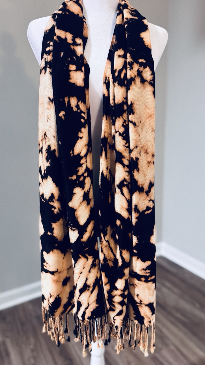 Black & Butter Cream Hand-Dyed Shawl Scarf — 72" x 28" with Fringe