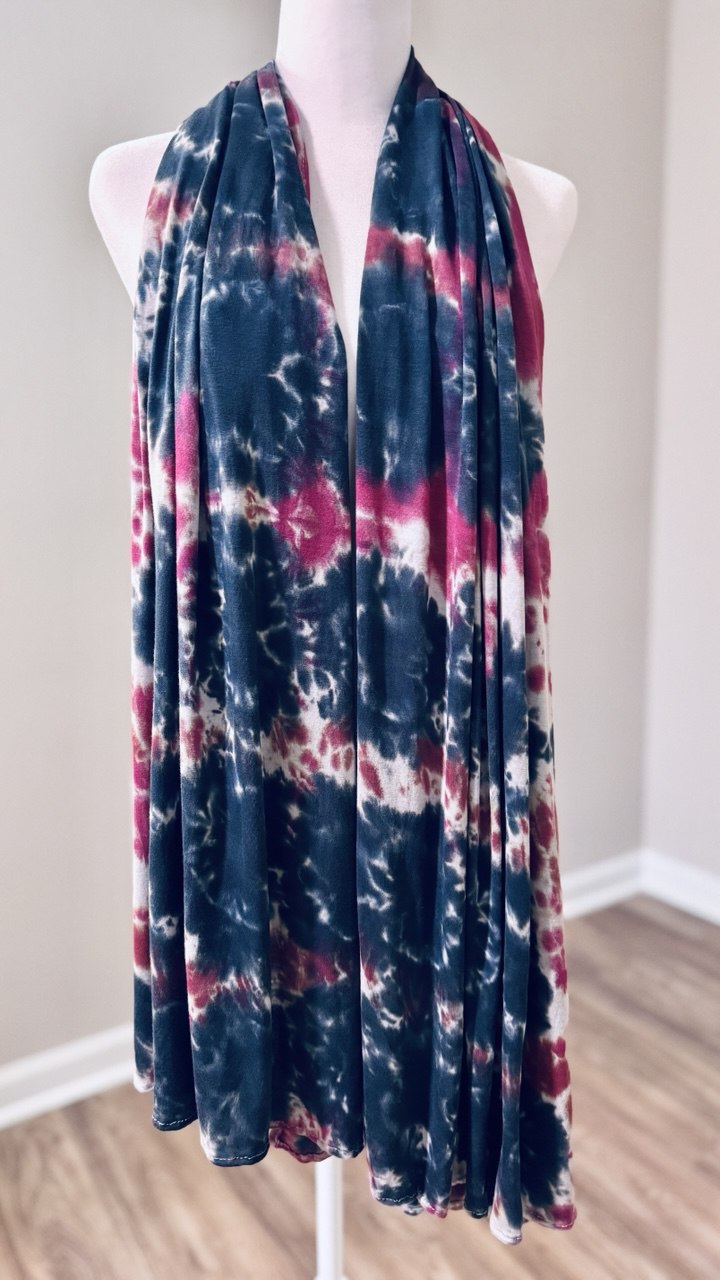 Black, Light Gray & Burgundy Hand-Dyed Jersey Knit Scarf Hijab — 33" x 70"