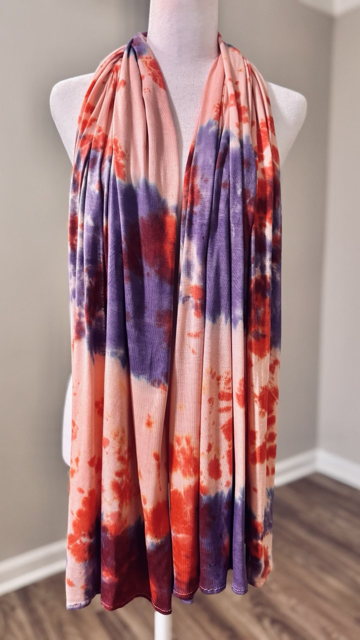 Peach, Purple & Bright Orange Hand-Dyed Jersey Knit Scarf Hijab — 33" x 70"
