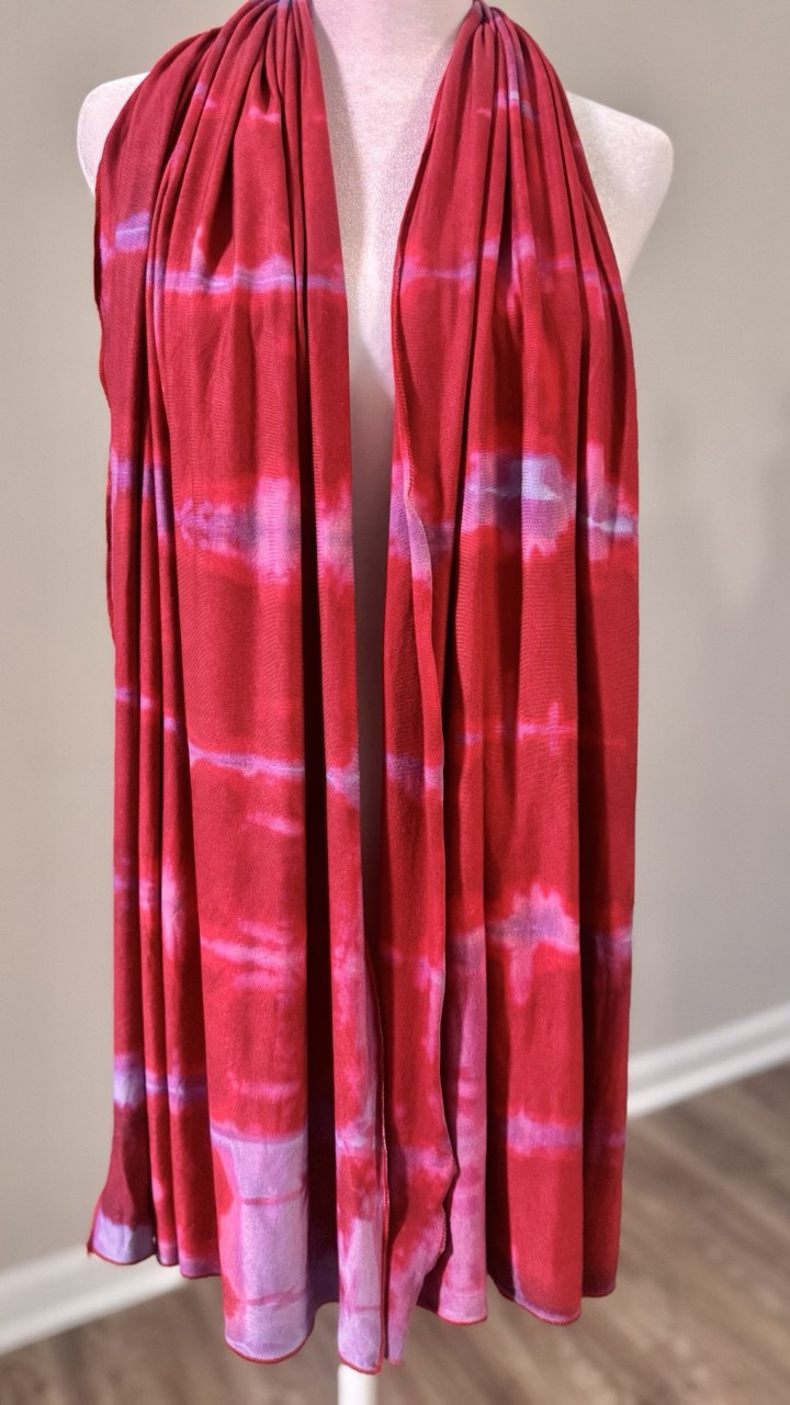 Red, Lavender & Light Blue Hand-Dyed Jersey Knit Scarf Hijab — 20" x 70"