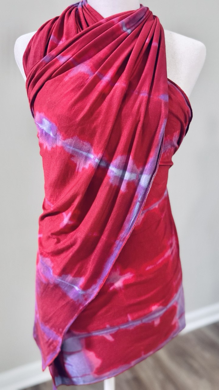 Red, Lavender & Light Blue Hand-Dyed Jersey Knit Scarf Hijab — 20" x 70"