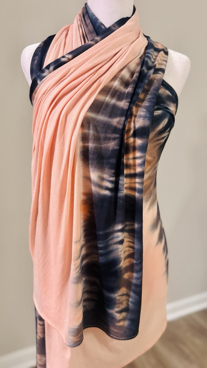 Peach, Black, Gray & Orange Hand-Dyed Jersey Knit Scarf — 33" x 70"