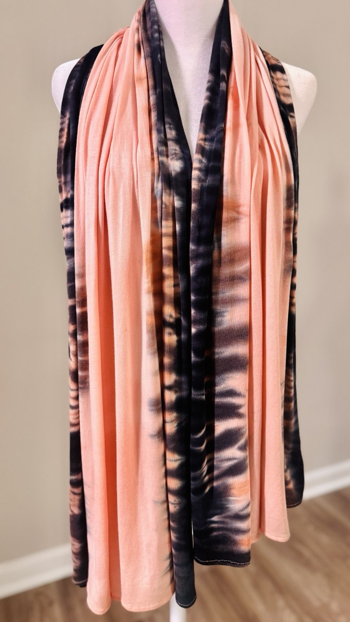 Peach, Black, Gray & Orange Hand-Dyed Jersey Knit Scarf — 33" x 70"