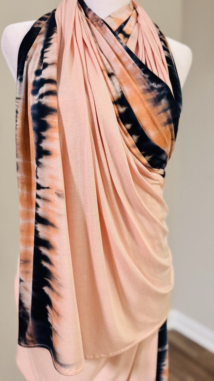 Peach, Black, Gray & Orange Hand-Dyed Jersey Knit Scarf Hijab — 33" x 70"