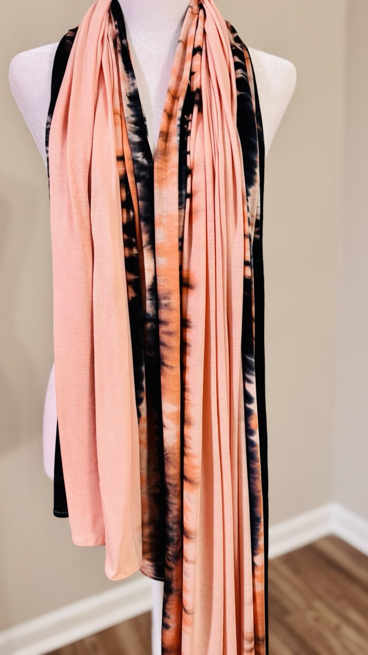 Peach, Black, Gray & Orange Hand-Dyed Jersey Knit Scarf Hijab — 33" x 70"