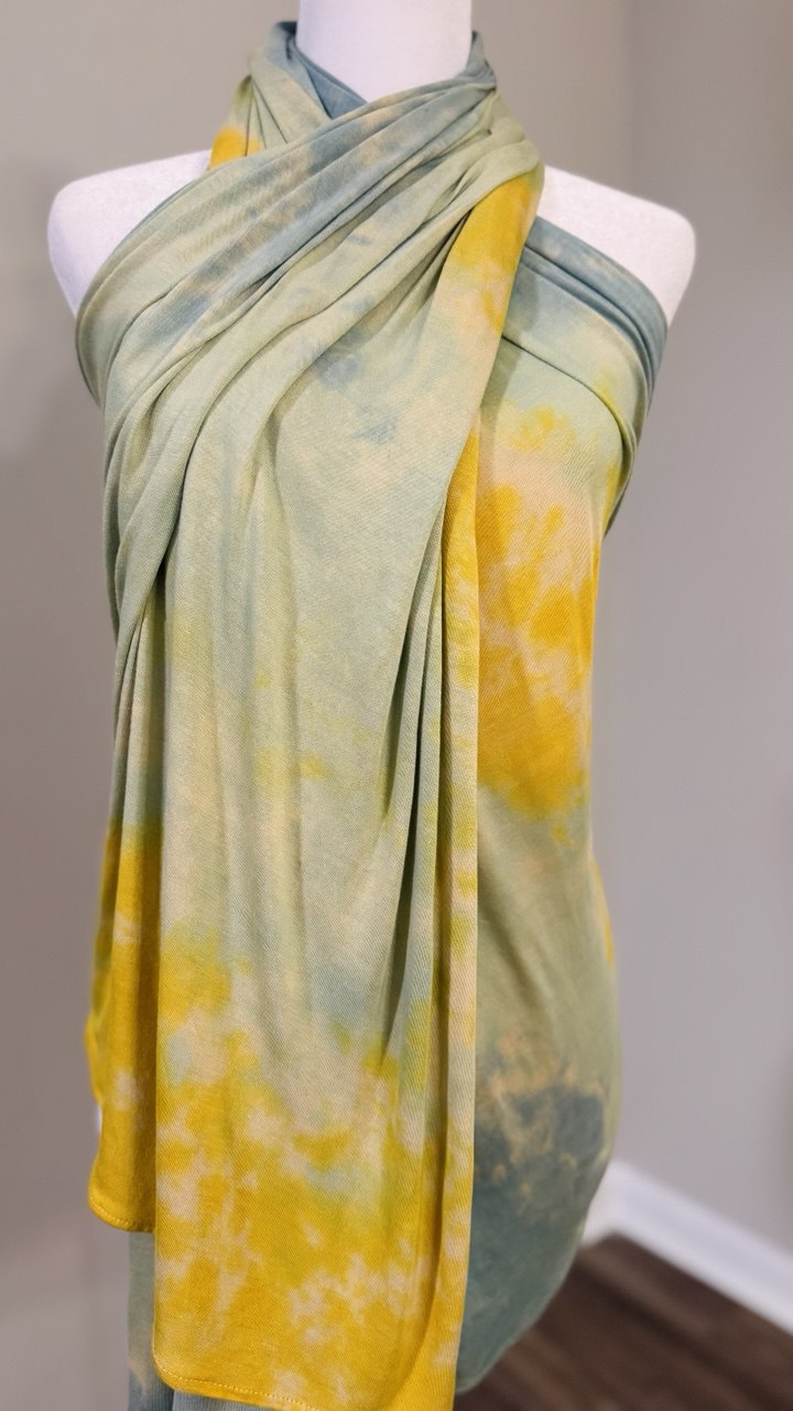 Yellow, Light Sage & Pearl Beige Hand-Dyed Jersey Knit Scarf Hijab — 33" x 70"