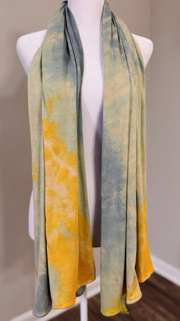 Yellow, Light Sage & Pearl Beige Hand-Dyed Jersey Knit Scarf Hijab — 33" x 70"