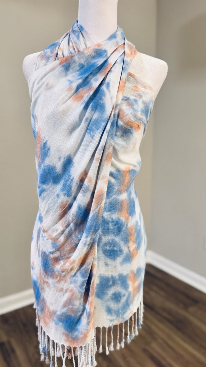 Peach, Light Sky Blue & White Hand-Dyed Shawl Scarf Hijab — 72" x 28" with Fringe