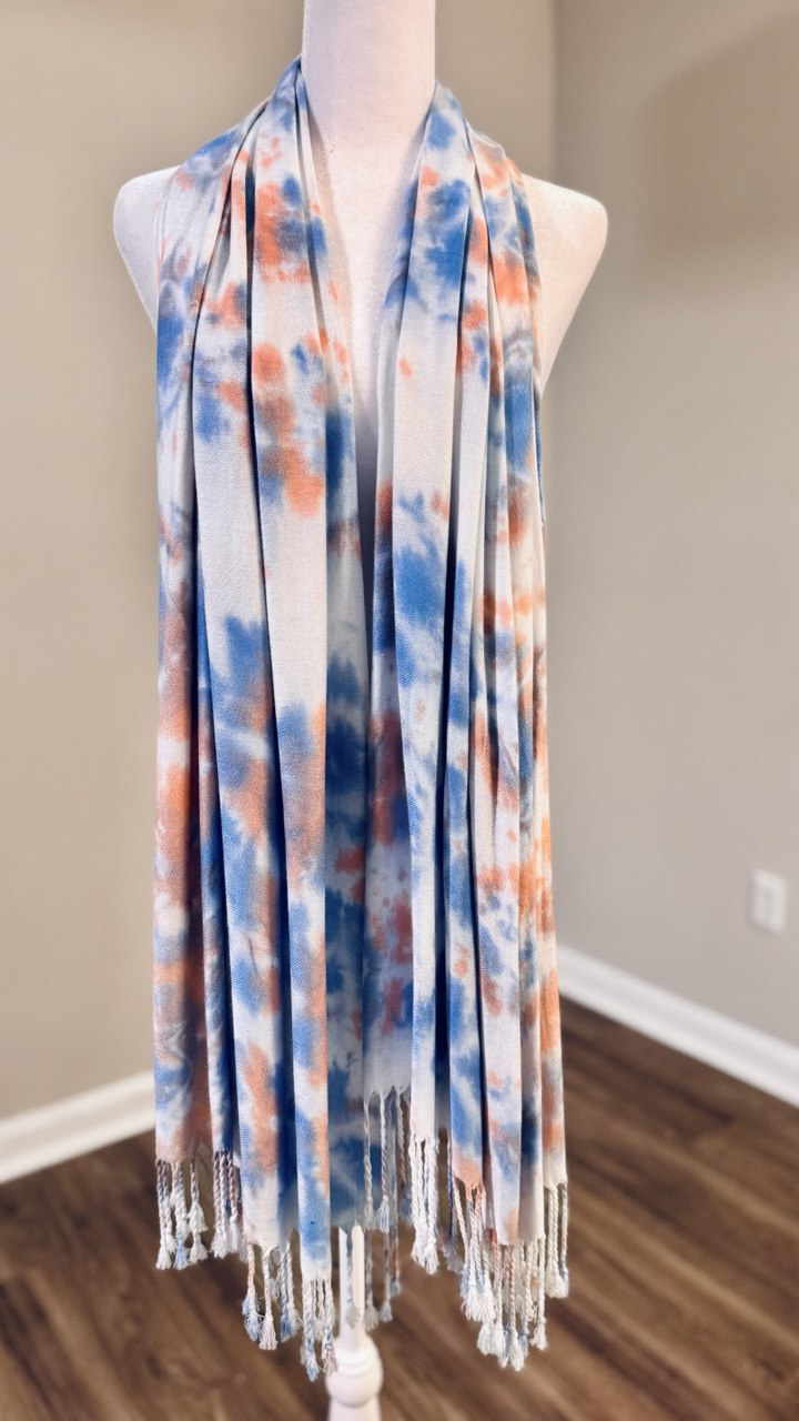 Peach, Light Sky Blue & White Hand-Dyed Shawl Scarf Hijab — 72" x 28" with Fringe