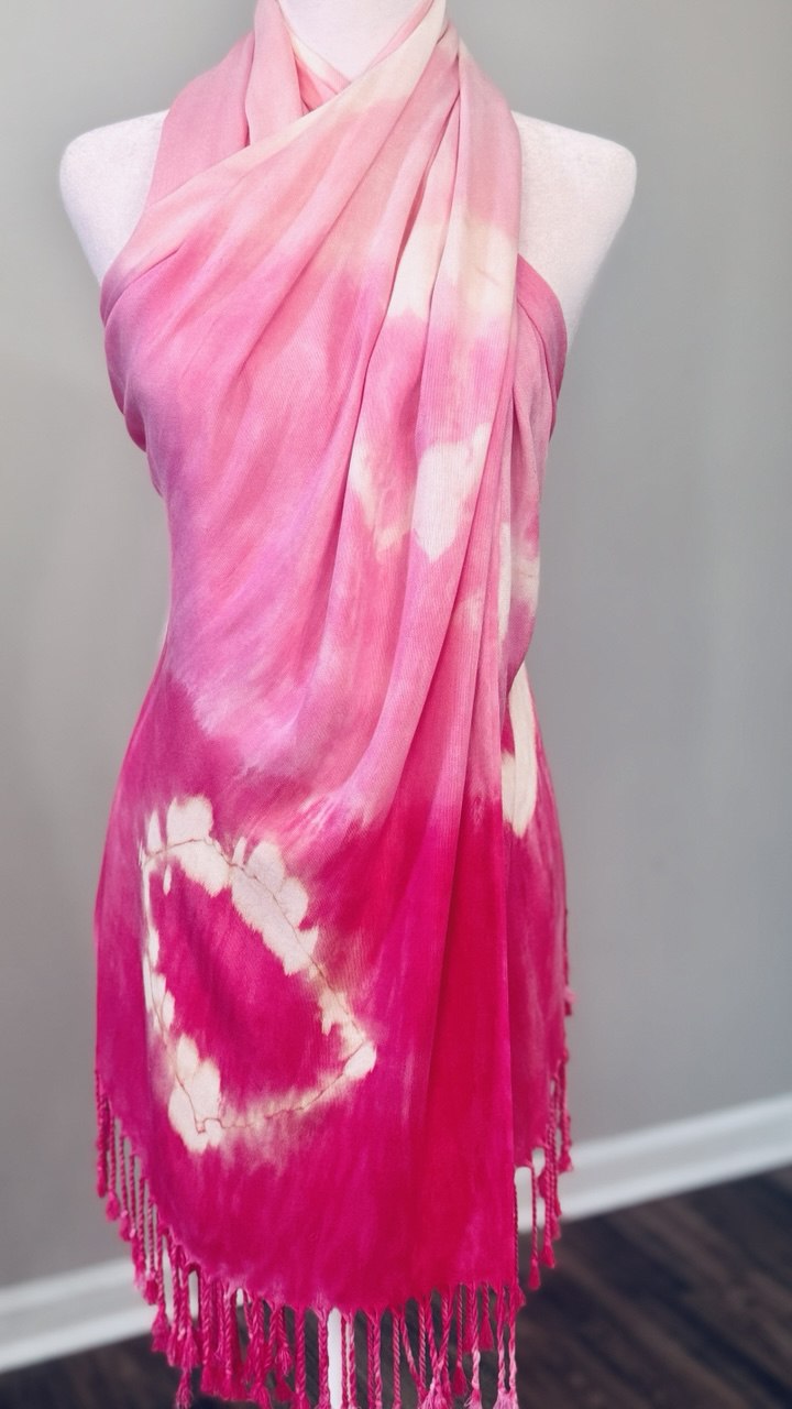 Hot Pink, Baby Pink & Cream Hand-Dyed Shawl Scarf Hijab — 72" x 28" with Fringe