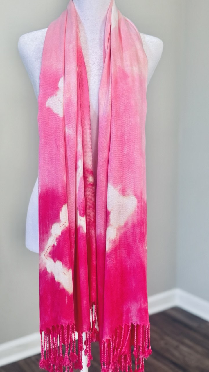 Hot Pink, Baby Pink & Cream Hand-Dyed Shawl Scarf Hijab — 72" x 28" with Fringe