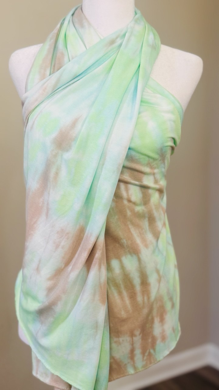 Mint Green & Khaki Hand-Dyed Jersey Knit Scarf Hijab — 30" x 70"