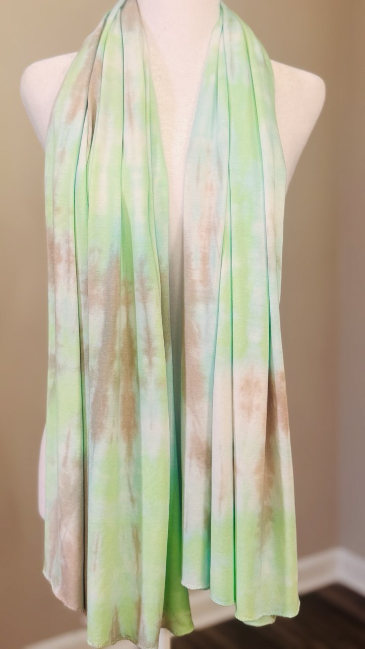 Mint Green & Khaki Hand-Dyed Jersey Knit Scarf Hijab — 30" x 70"