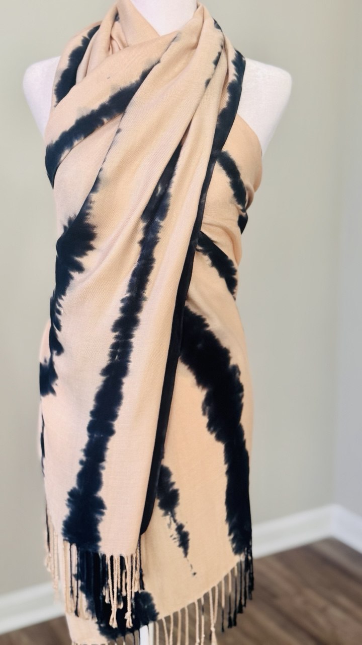 Cream & Black Striped Hand-Dyed Shawl Scarf Hijab — 72" x 28" with Fringe