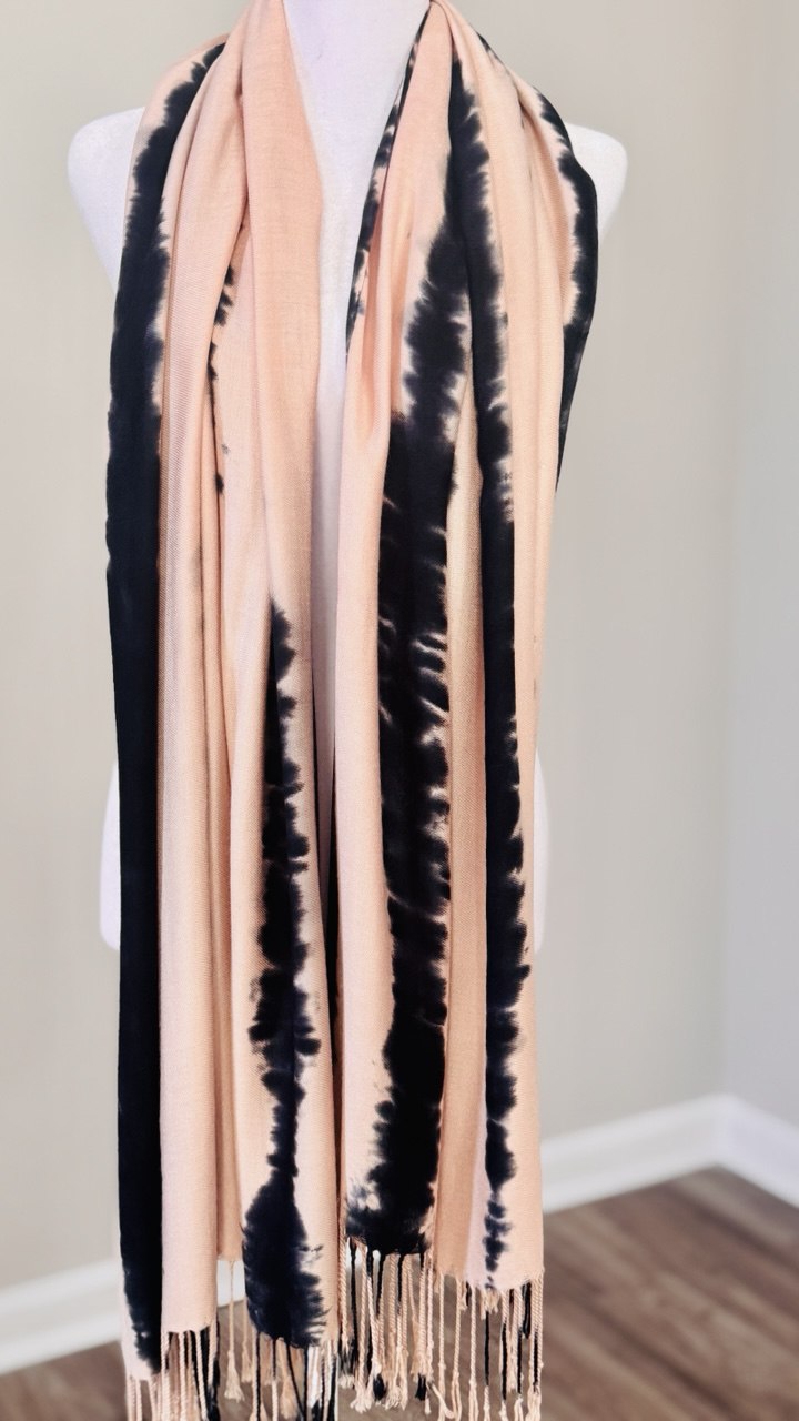 Cream & Black Striped Hand-Dyed Shawl Scarf Hijab — 72" x 28" with Fringe