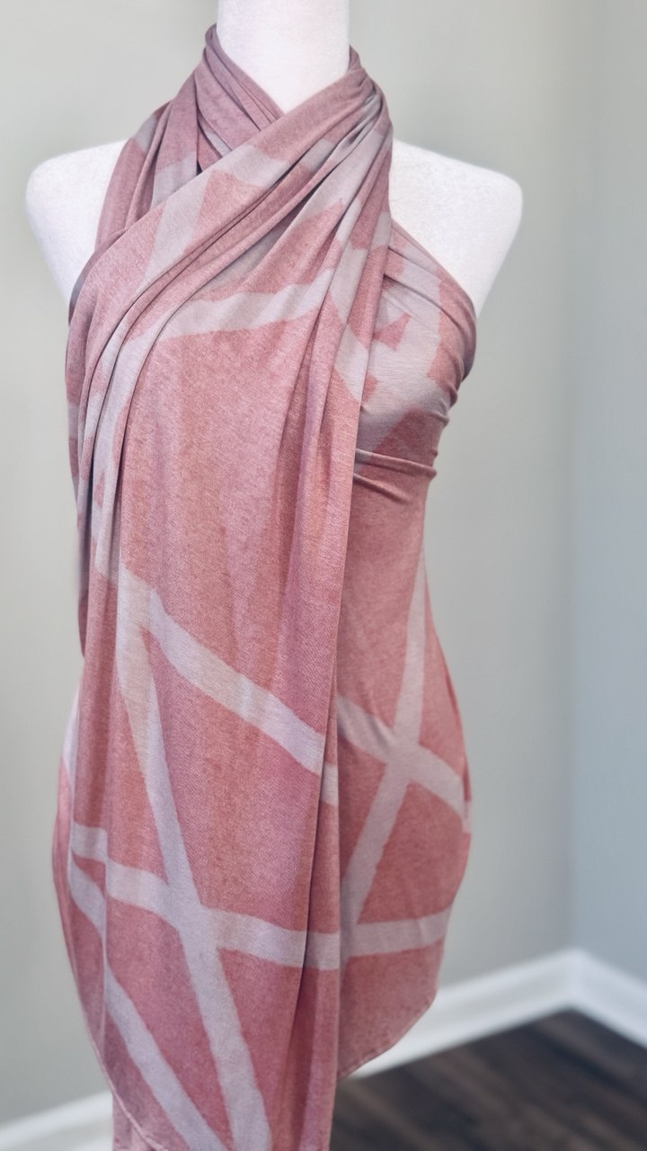 Dusty Rose & Light Gray Hand-Dyed Jersey Knit Scarf Hijab — 33" x 70"