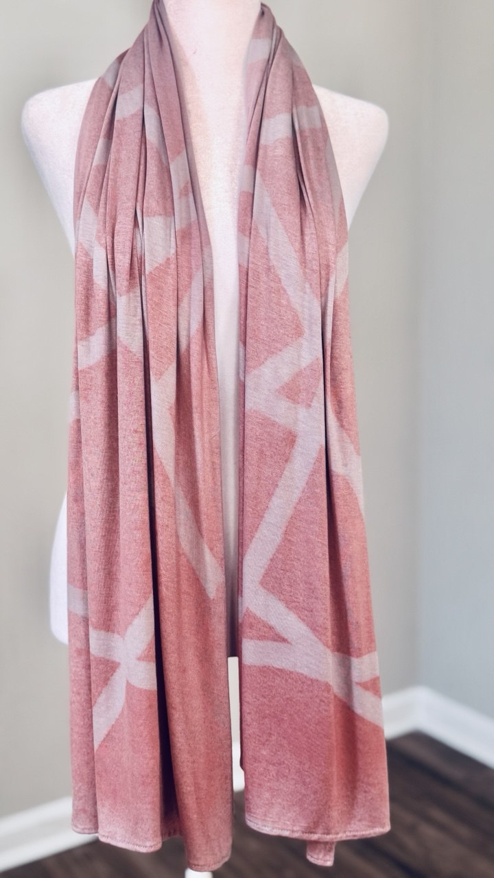 Dusty Rose & Light Gray Hand-Dyed Jersey Knit Scarf Hijab — 33" x 70"