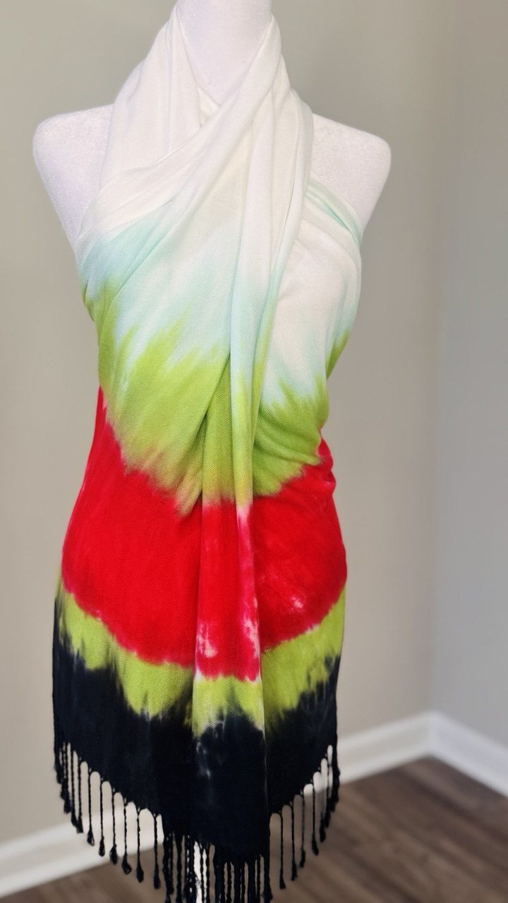White, Black, Green & Red Hand-Dyed Shawl Scarf Hijab — 72" x 28" with Fringe