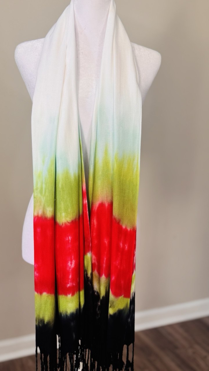 White, Black, Green & Red Hand-Dyed Shawl Scarf Hijab — 72" x 28" with Fringe